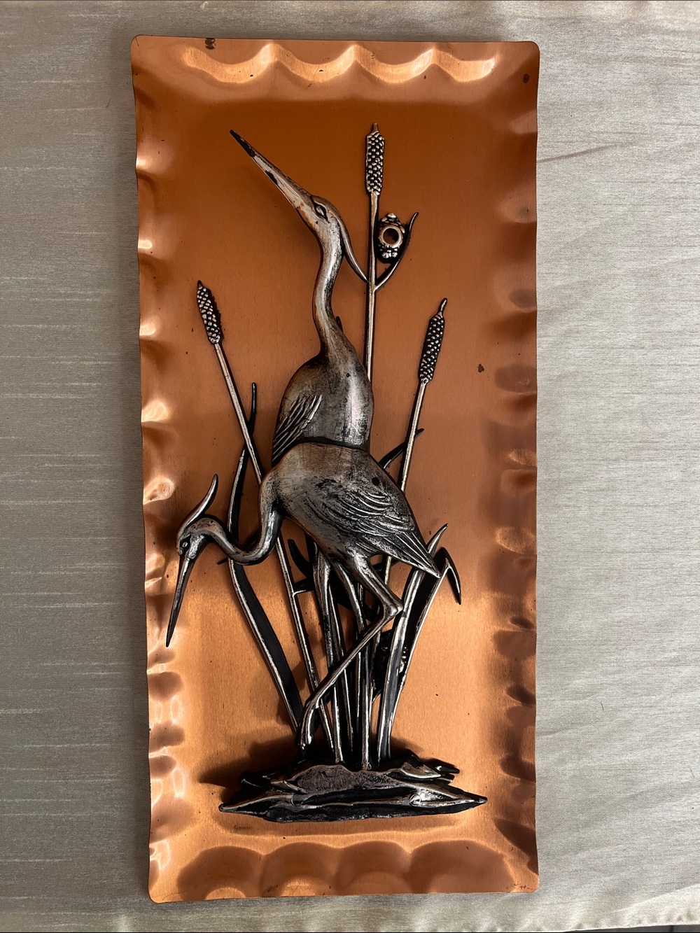 Vintage MCM 3D Crane Heron Metal Wall Plaque Copper Art West Germany 1960s